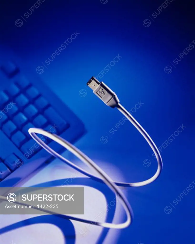 Close-up of a USB cable with a computer keyboard