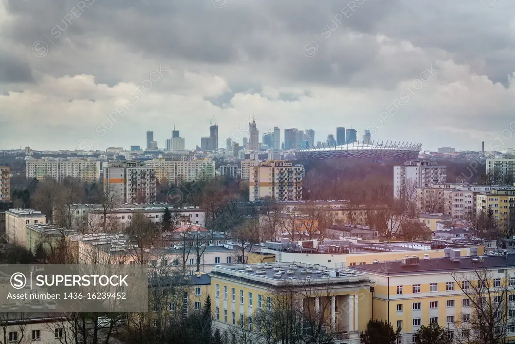 Aerial view from Grochow estate in Praga Poludnie district of Warsaw, Poland with National Stadium on background.