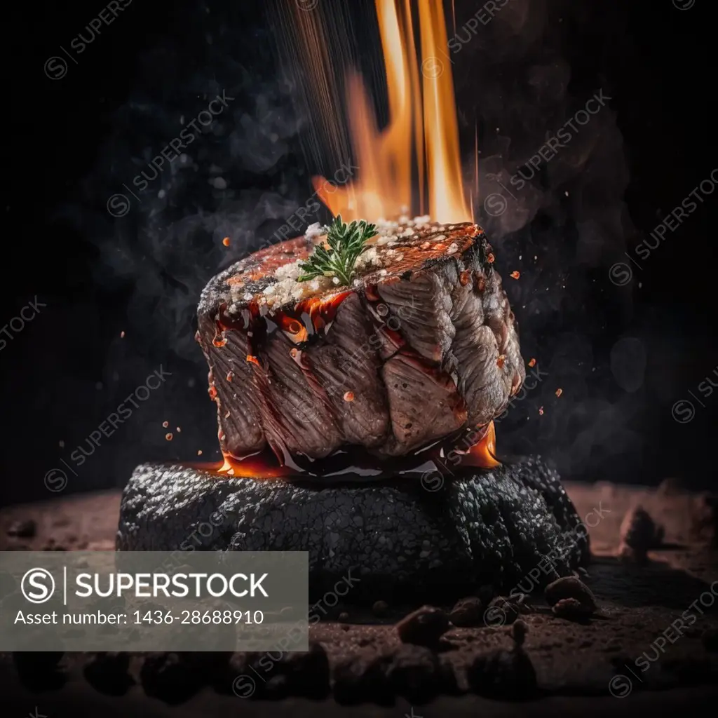 Angus beef fillet, stone grilled with broccoli and asparagus. Generative ai.