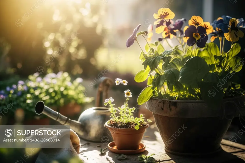 floral ornaments on a table outside at sunset in springtime generative ai,.