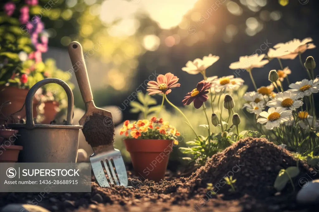 garden background,daisies,plants and tools, from gardening concept, generative ai,.