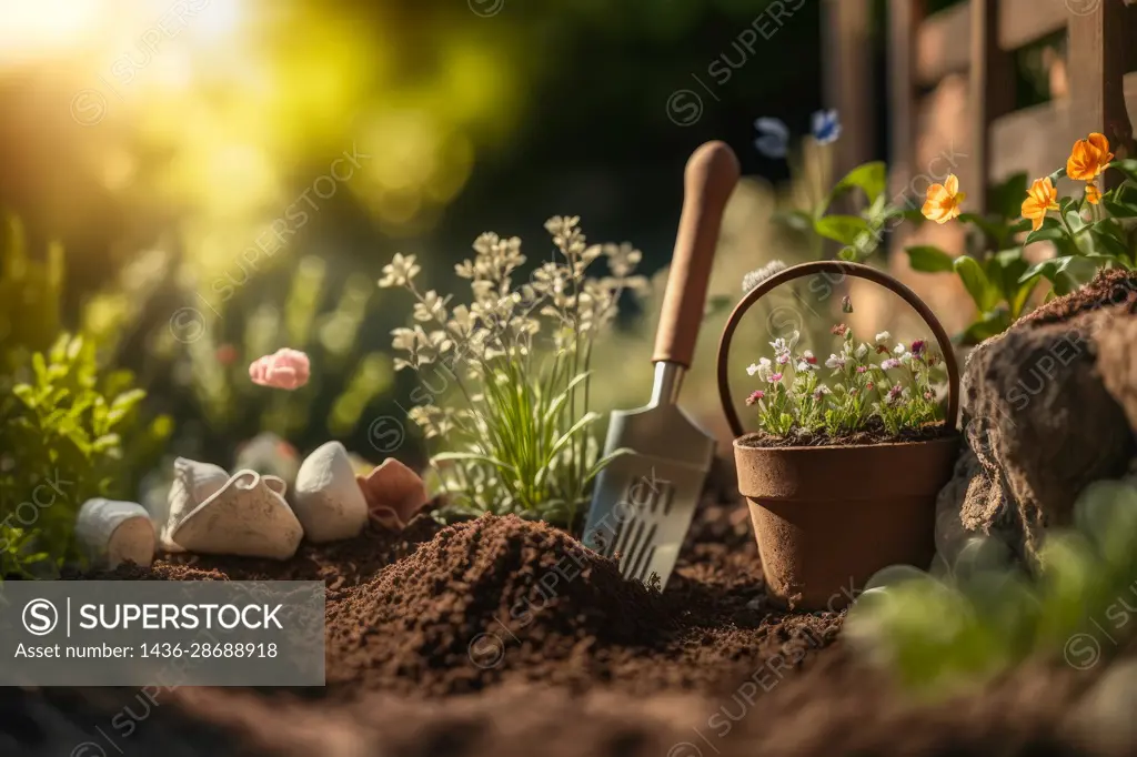 garden background, plants and tools, garden concept, generative ai,.