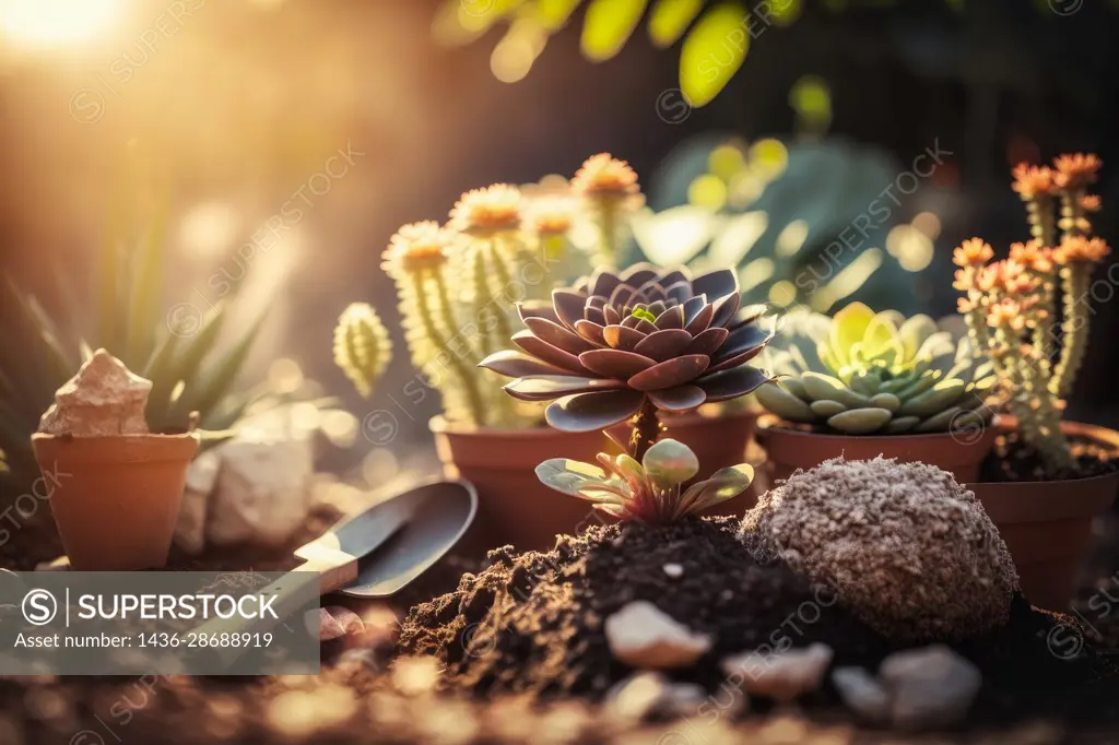 spring background, succulent plants, cactus gardening concept, generative ai.