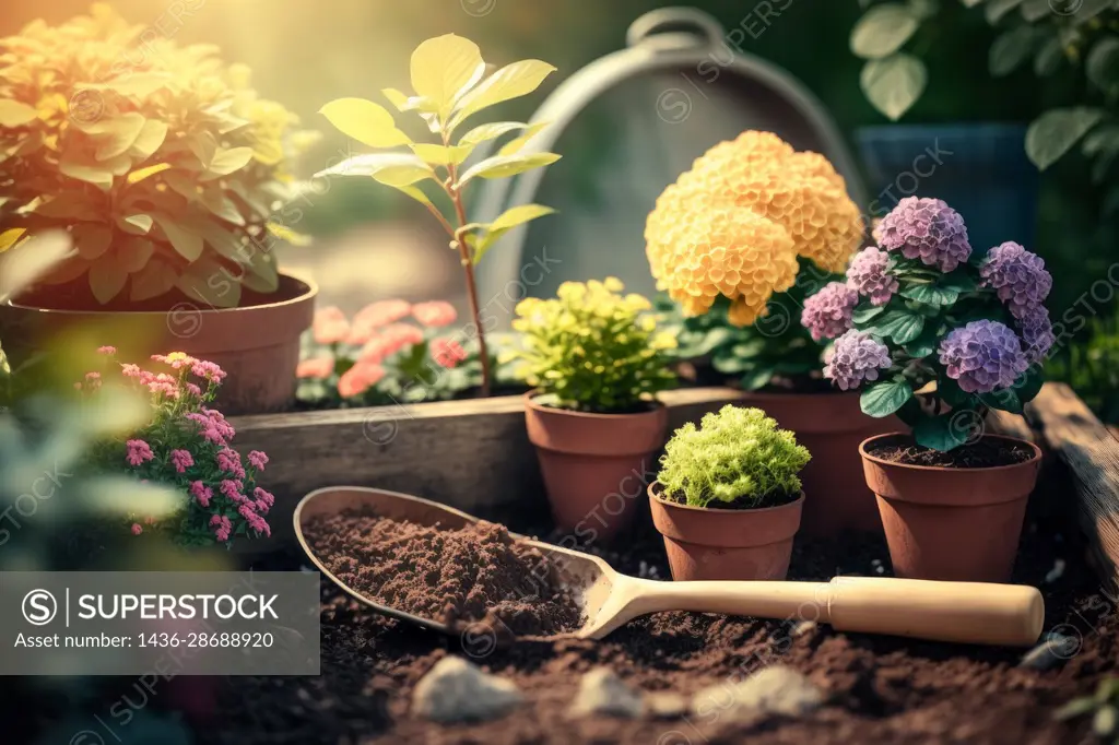 Garden flowers, plants and tools on a sunny background. Gardening concept generative ai,.