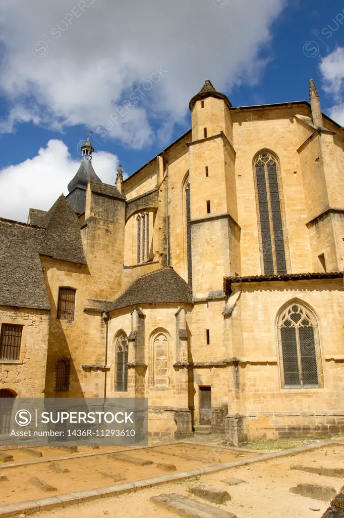 Rear of Saint-Sacerdos Cathedral, medieval sandstone building in Sarlat, charming town in Dordogne region of France.