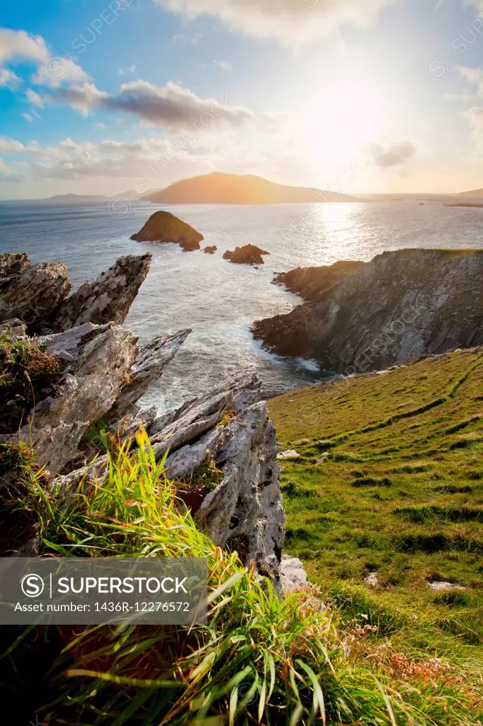 scenic irish west coast, looking from dingle peninsula (Europe`s most westerly point) in western ireland towards blasket islands while the sky is clea...
