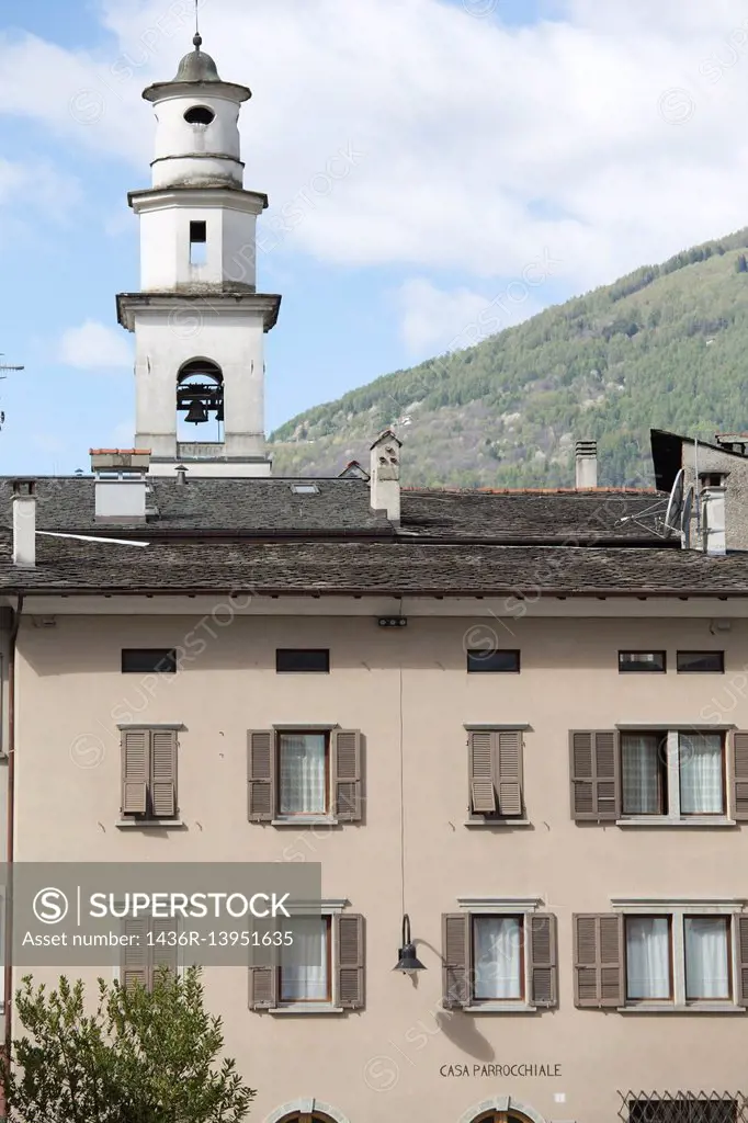 Cityscape in the old town of Tirano Valletellina Italy on April 16, 2017. Tower at city hall.