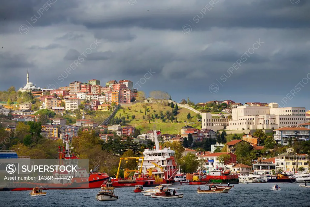 Istinye Harbour with coastal safety ships and American Consulate on the Bosphorus Strait Istanbul Turkey