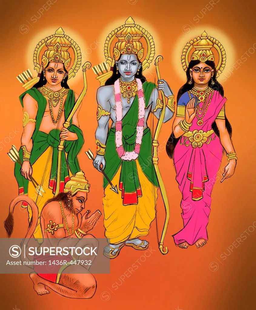 Lord Hanuman bowing to Lord Rama with Sita and Lakshmana - SuperStock