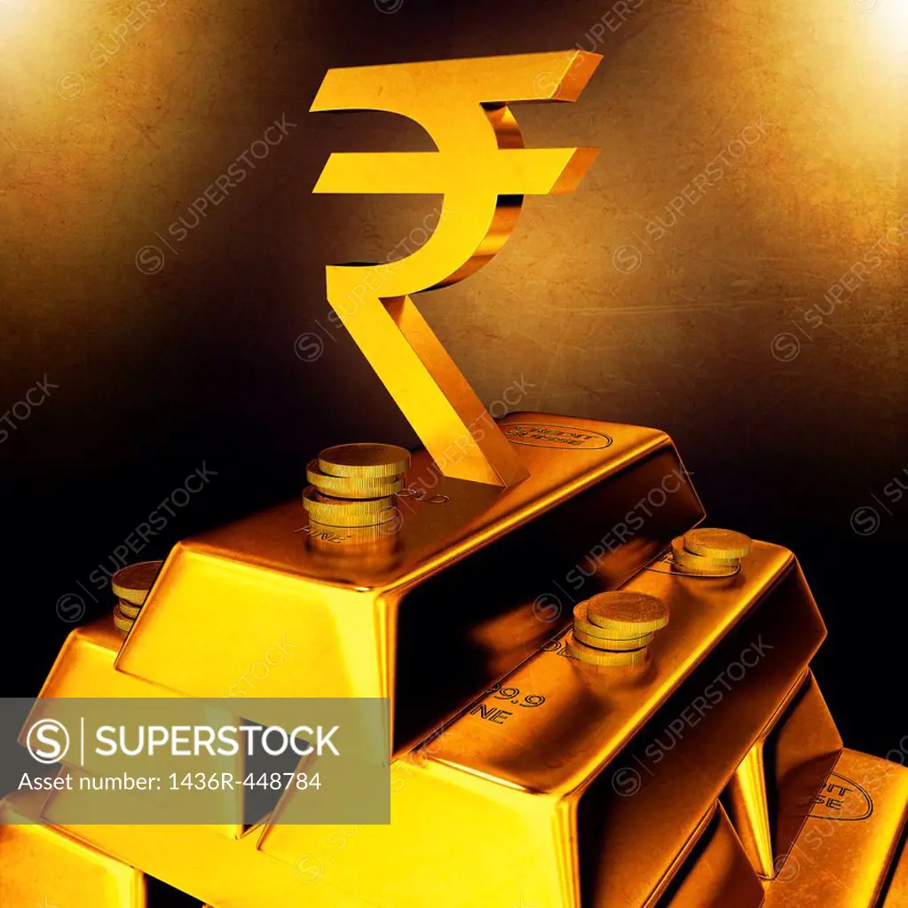 Golden Indian currency sign on top of gold bars and coins