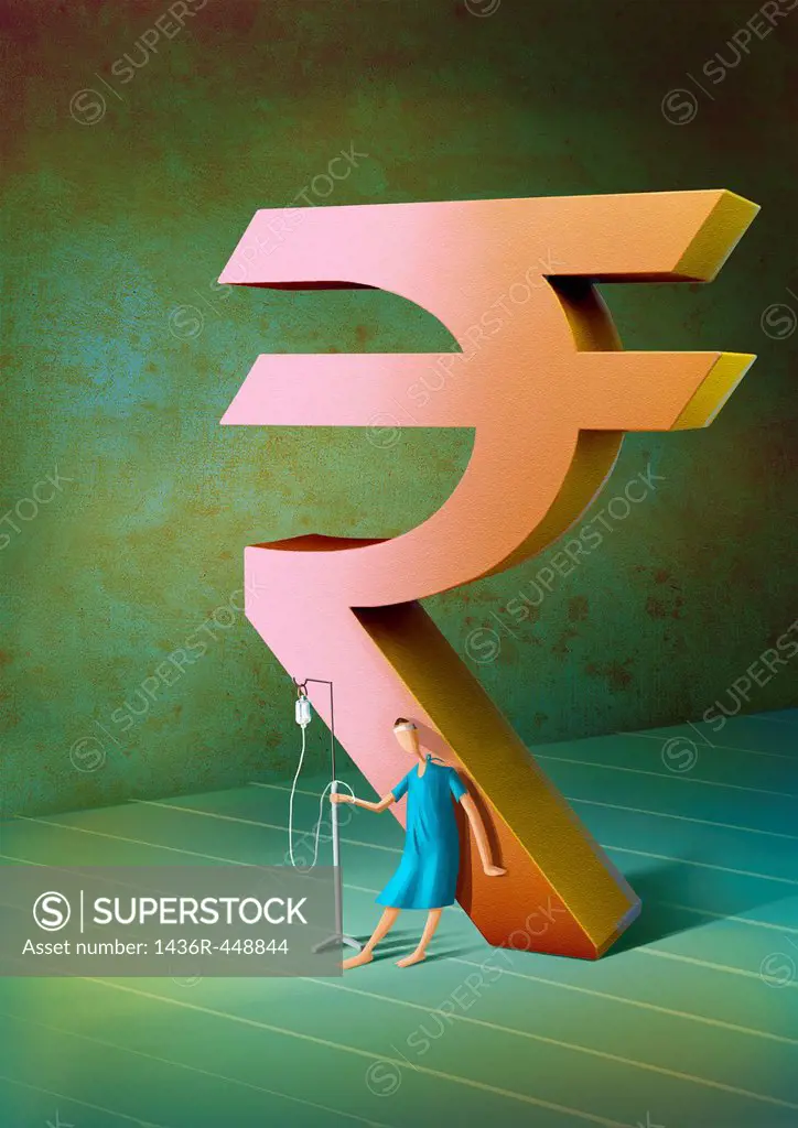 Male patient with standing intravenous drip leaning to Indian Rupee symbol