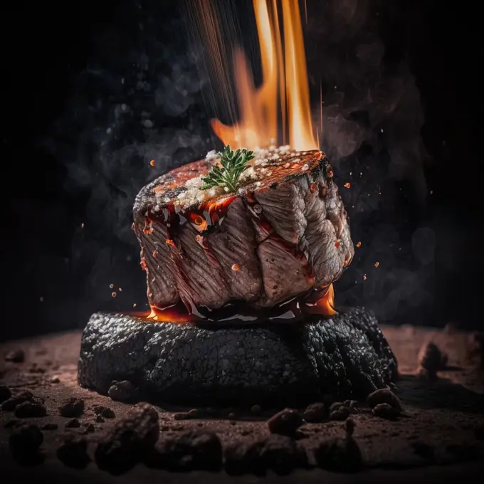 Angus beef fillet, stone grilled with broccoli and asparagus. Generative ai.