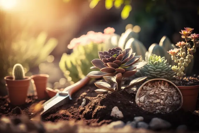 Gardening tools and earthenware pots on an earthen background. generative ai.