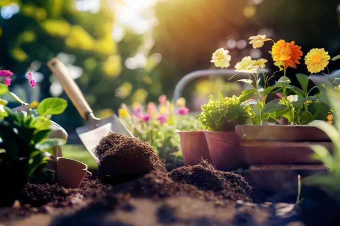 Potted plants and seedlings with gardening tools, generative ai,.