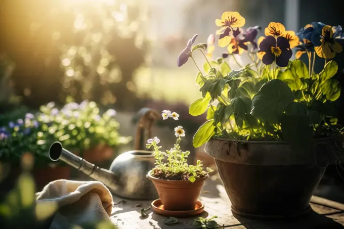 floral ornaments on a table outside at sunset in springtime generative ai,.