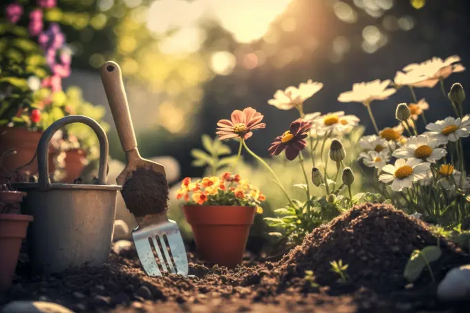 garden background,daisies,plants and tools, from gardening concept, generative ai,.