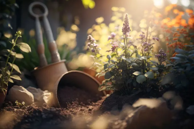 Floors with gardening tools, outdoor plants and flower pots generative ai,.