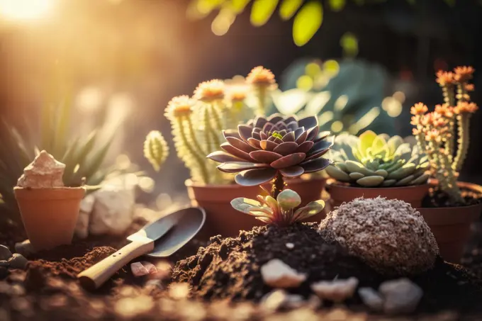 spring background, succulent plants, cactus gardening concept, generative ai.