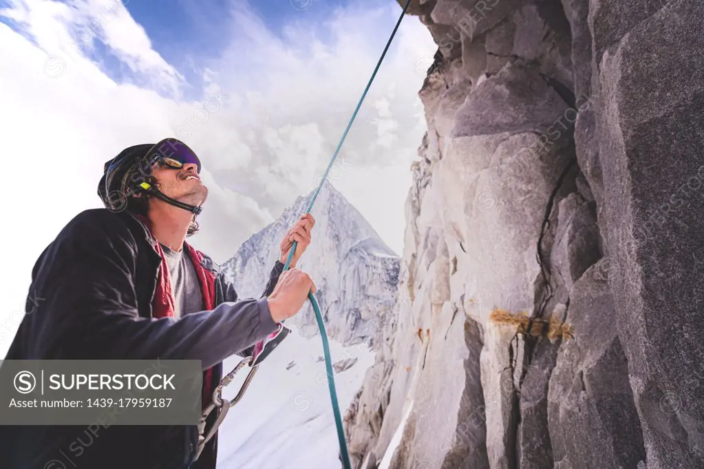 Man rock climbing in Bugaboo Provincial Park, Alberta, Canada