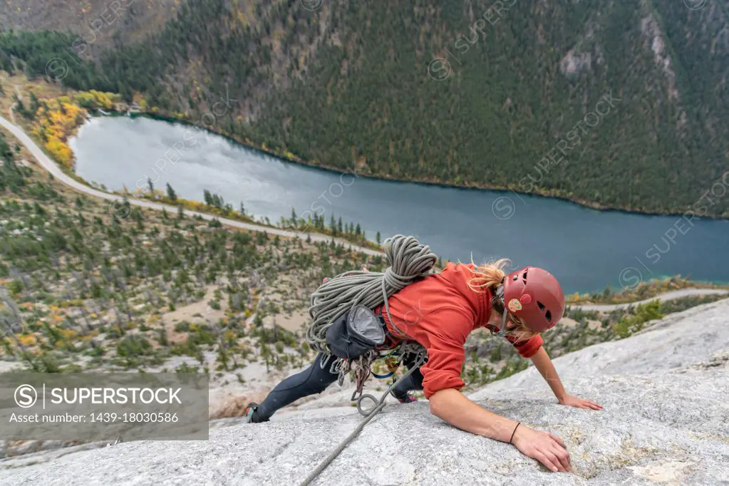 Climbing of the route called "the goat" in Marble Canyon, Lillooet, British Columbia, Canada