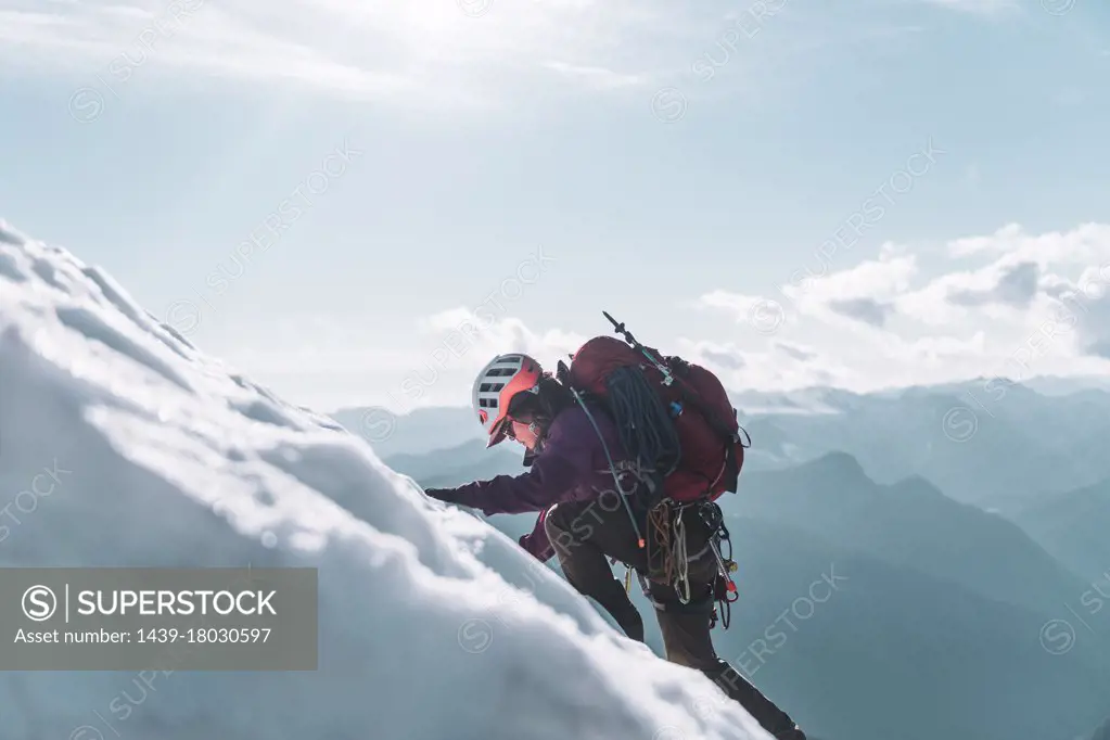 Climber on Tantalus Traverse, a classic alpine traverse close to Squamish, British Columbia, Canada