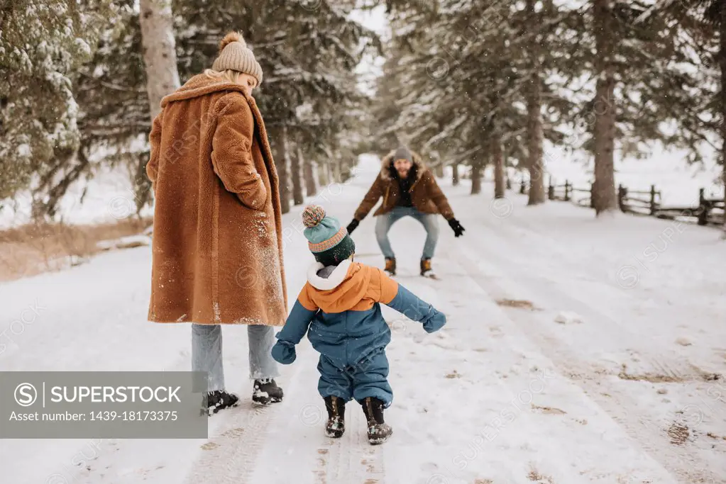 Canada, Ontario, Parents with baby boy going on winter walk