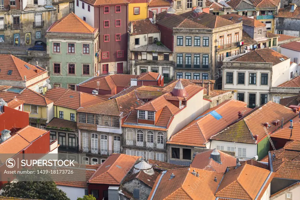 Portugal, Porto, High angle view of old town houses with orange roofs