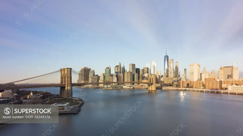 USA, NY, New York City, Lower Manhattan skyline and Brooklyn Bridge