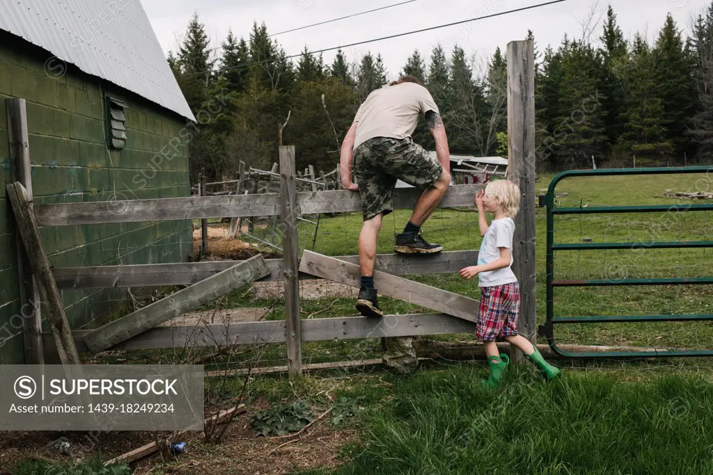 Canada, Kingston, Boy (8-9) assisting father climbing over fence in field