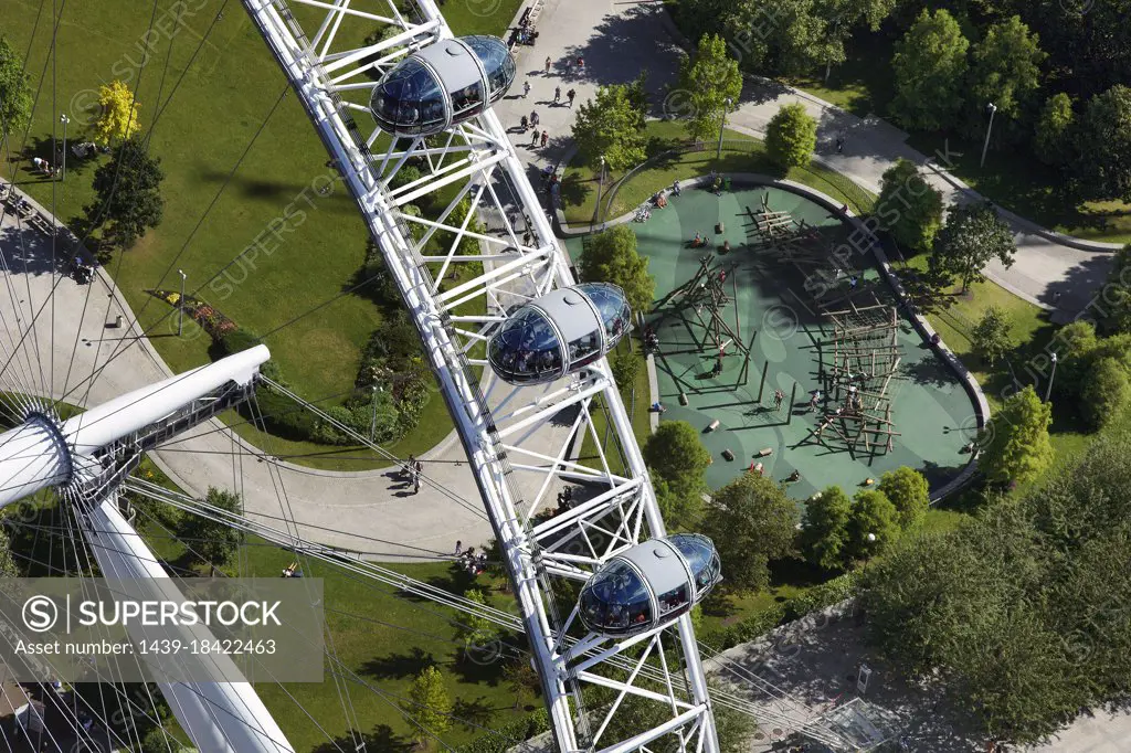 UK, London, Aerial view of London Eye and Jubilee Gardens