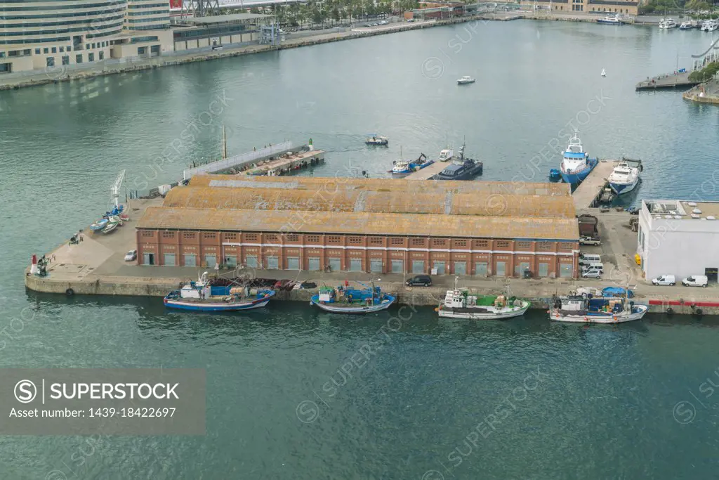 Spain, Barcelona, Barceloneta, Fishing boats moored at harbor