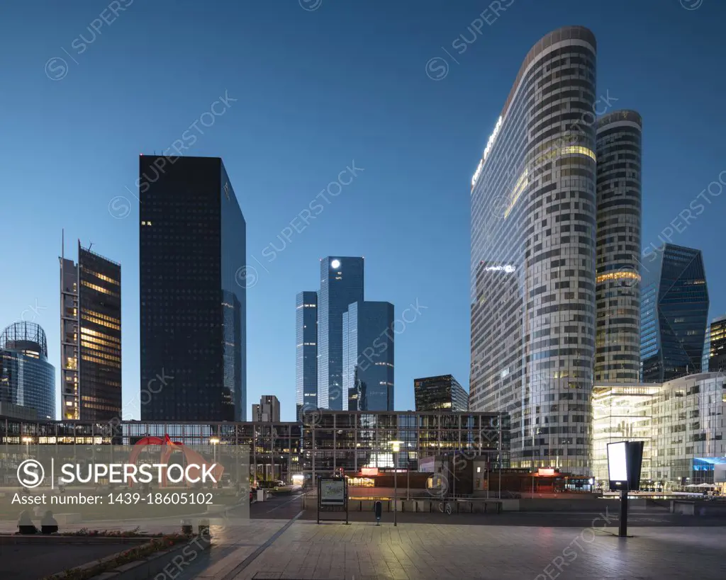 France, Paris, La Defense skyscrapers at night