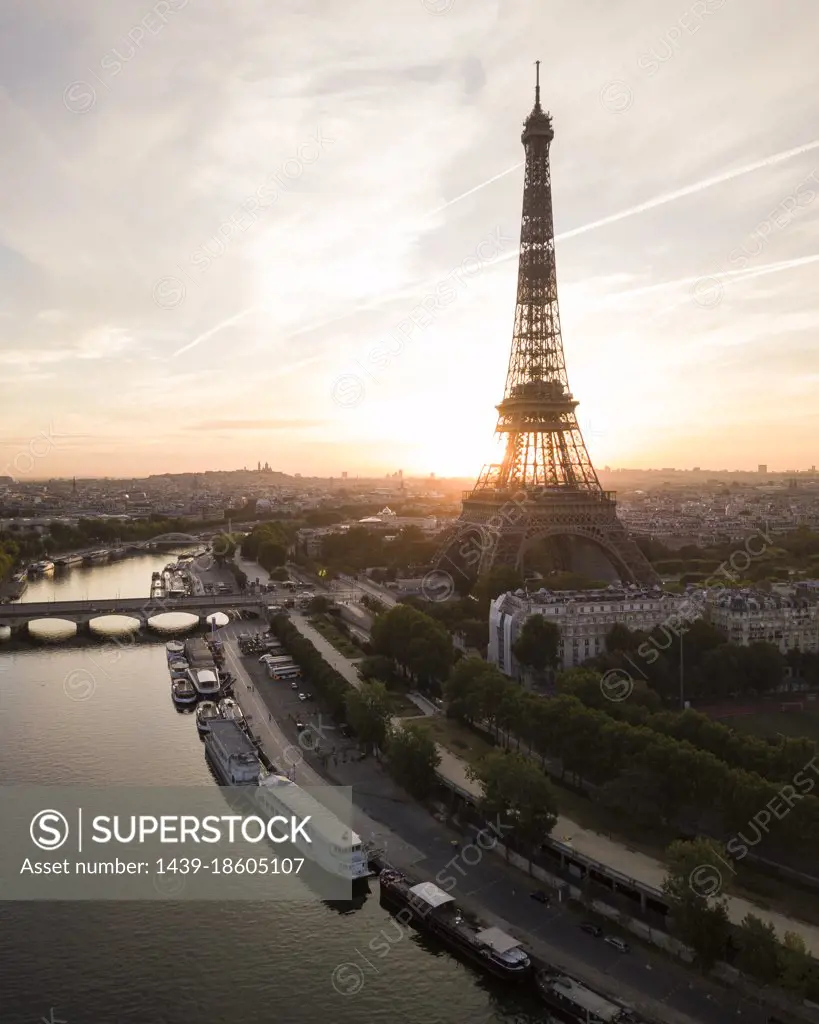 France, Paris, Eiffel Tower and Seine river at sunset