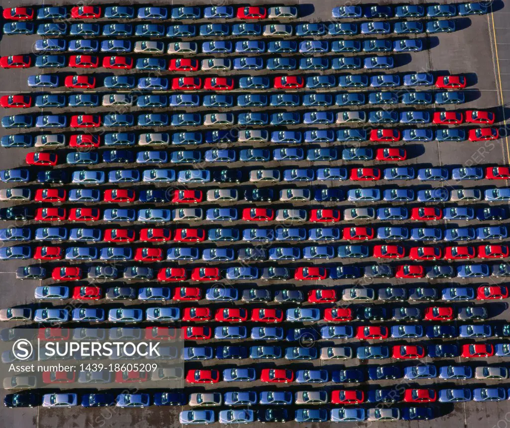 UK, Avon, Bristol Docks, Overhead view of rows of red and blue cars