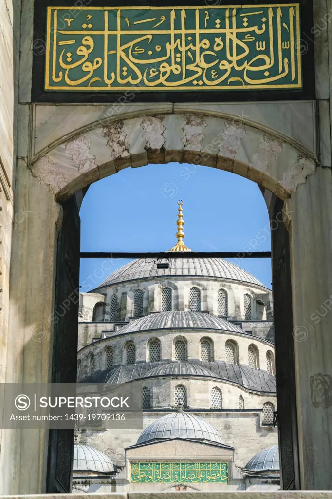 Turkey, Istanbul, Sign in Arabic over entrance to Blue Mosque