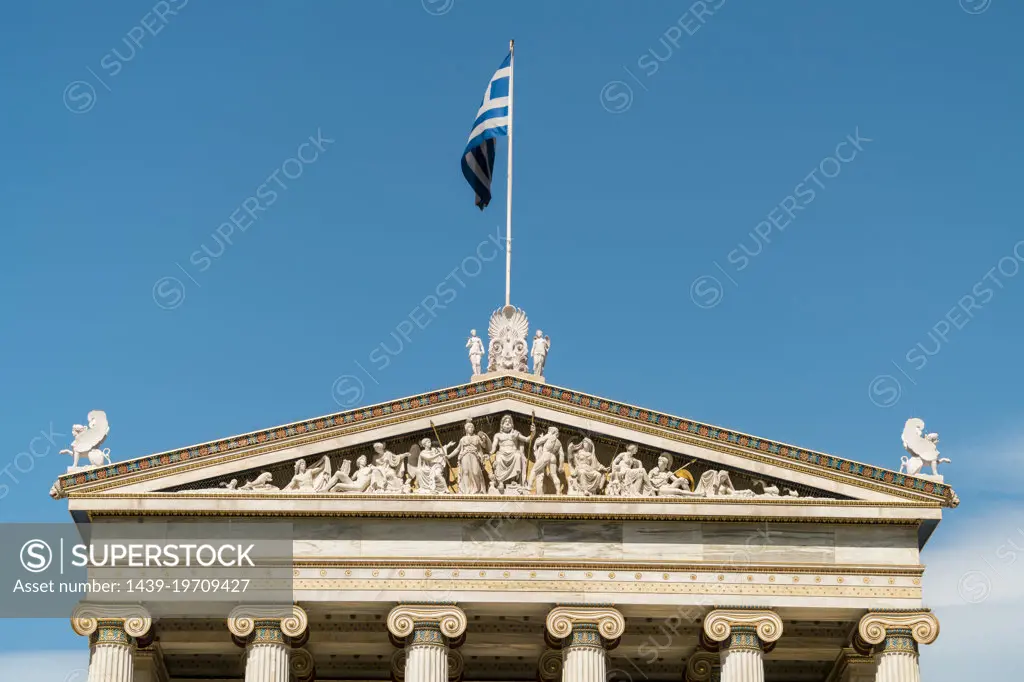 Greece, Athens, Flag of Greece on Academy of Athens