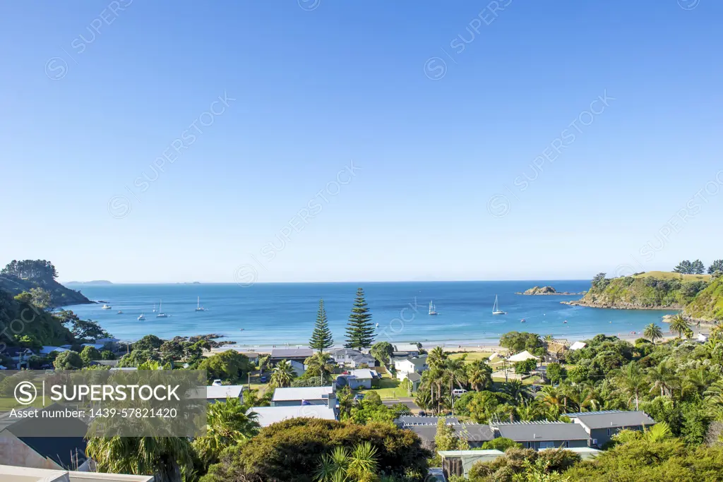 Elevated view of bay and coast, Waiheke Island, New Zealand