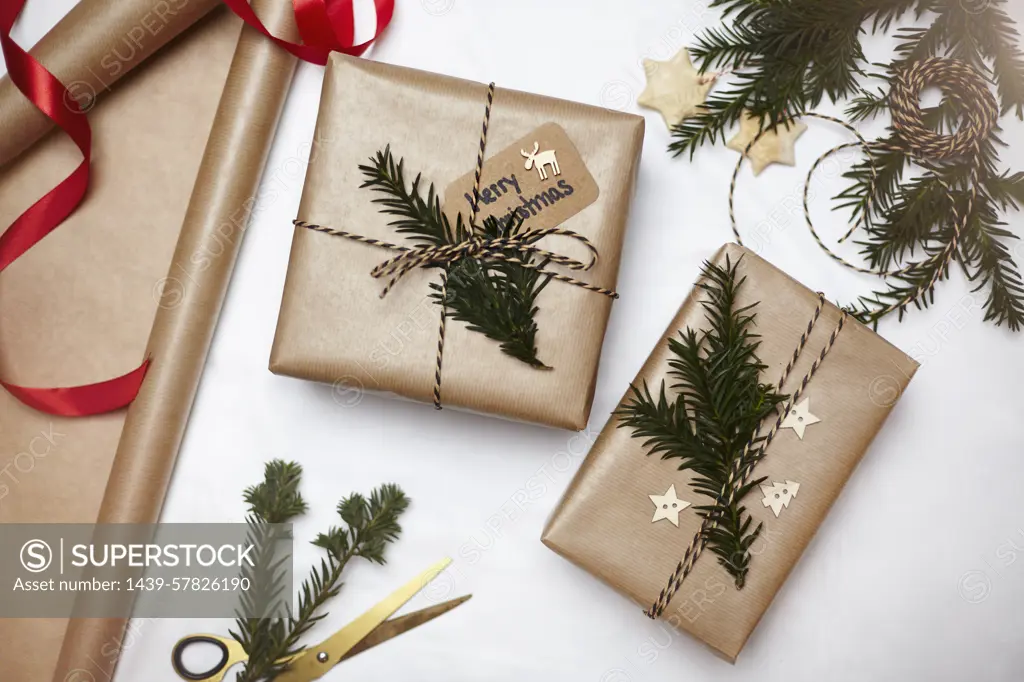 Christmas gifts wrapped in brown paper, decorated with fern and string, overhead view