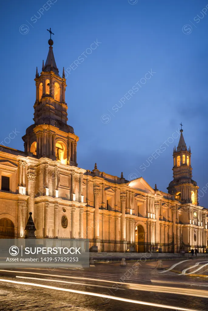 Cathedral at night, Arequipa, Peru, South America