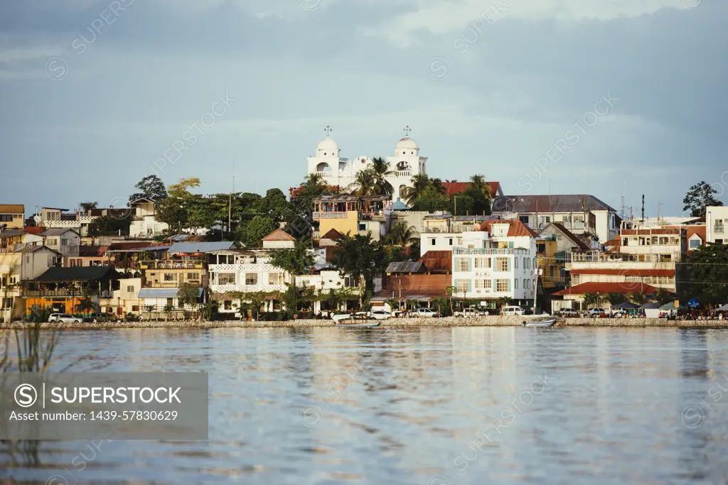 View of harbor and town, Flores, Guatemala, Central America