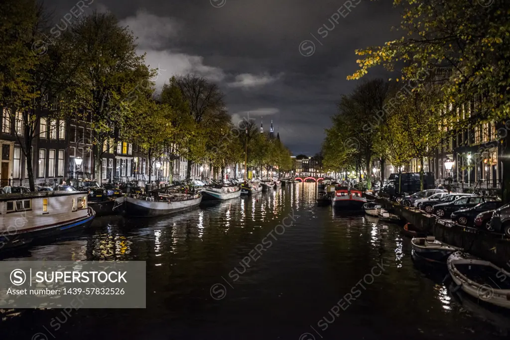 Canals of Amsterdam at night, Netherlands