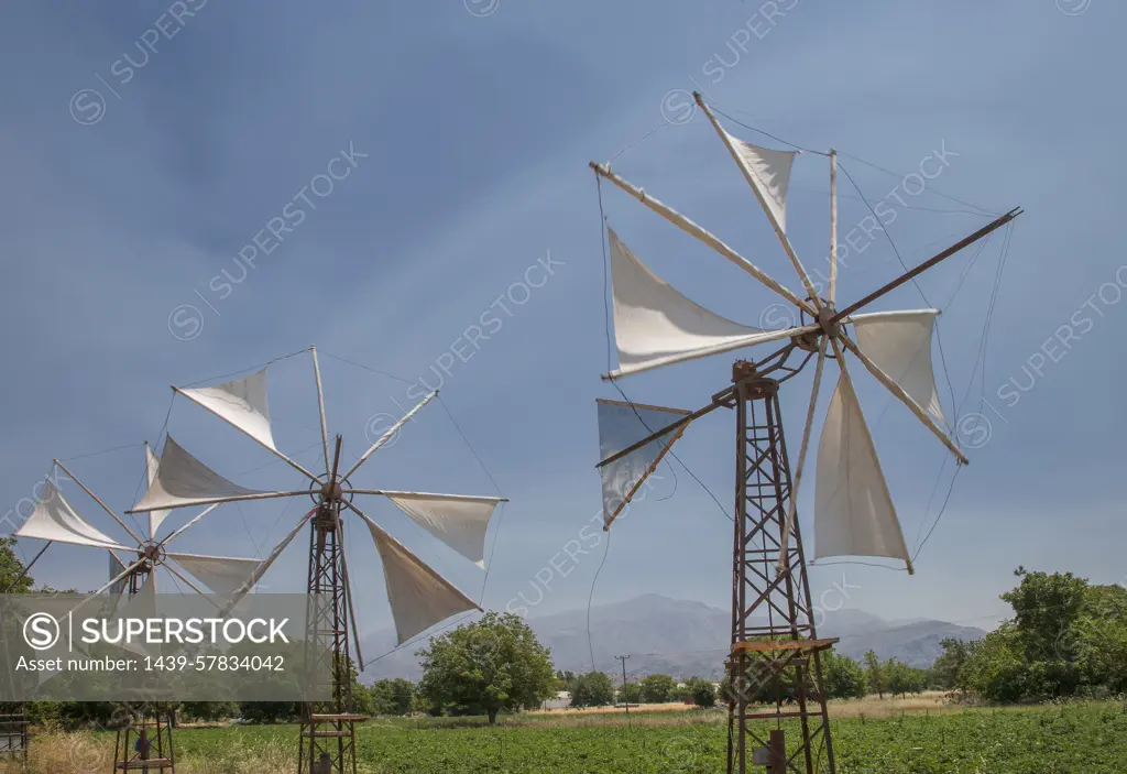 Row of traditional windmills, Crete, Greece