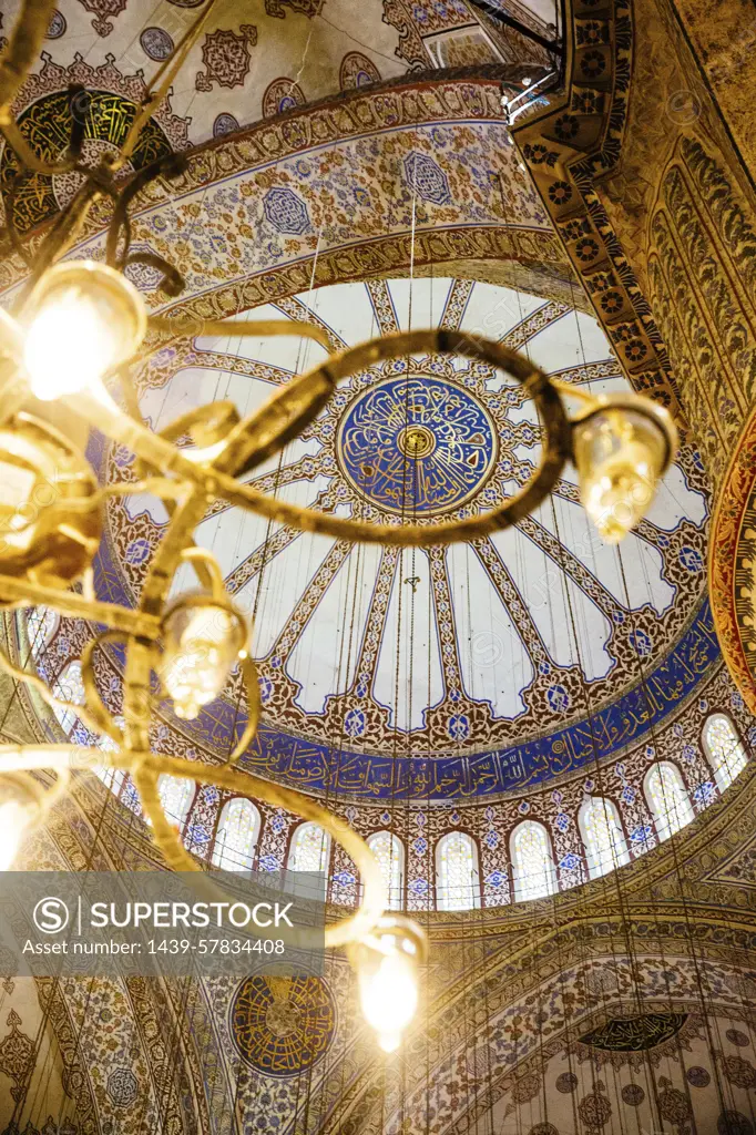 Low angle view of domed ceiling,  Sultan Ahmed Mosque, Istanbul, Turkey