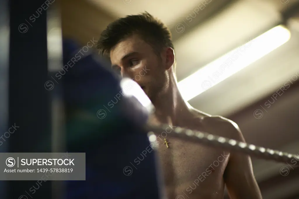 Boxer working out in boxing ring