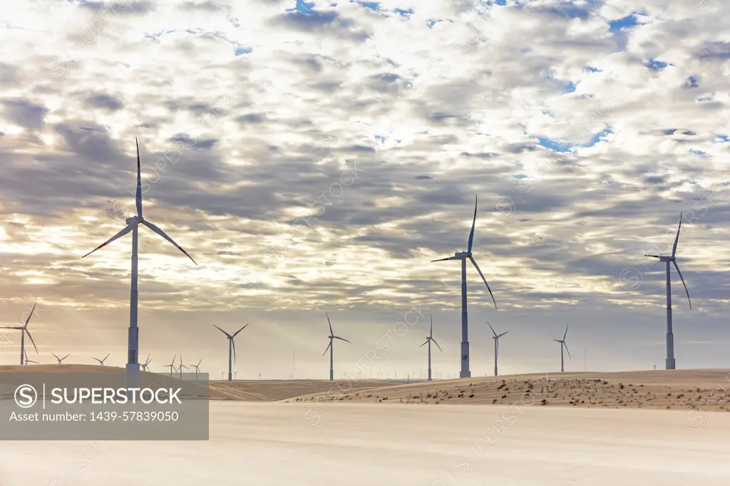 Wind turbines in desert landscape, Taiba, Ceara, Brazil