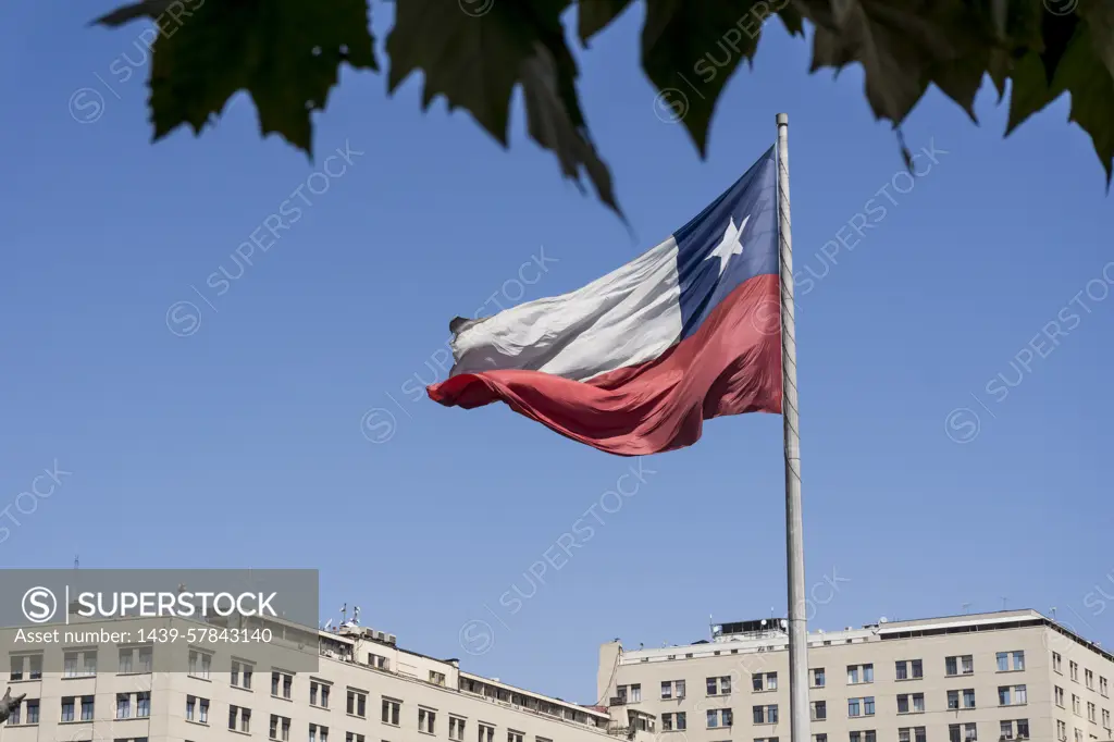 Chilean flag flapping in wind, Santiago de Chile, Chile