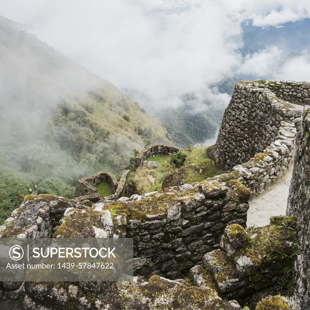 Dry stone wall on Inca trail, Inca, Huanuco, Peru, South America