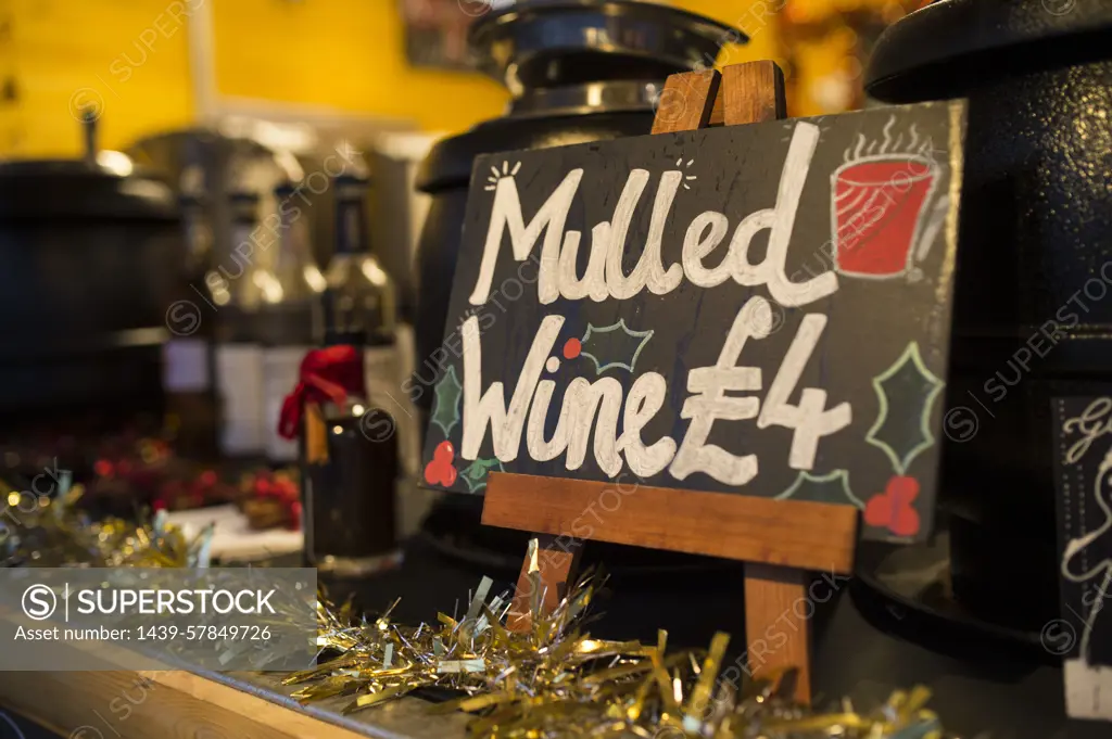 Mulled wine Christmas market stall, South Bank, London, UK