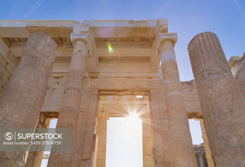 Sunlight on the acropolis ruins, Athens, Attiki, Greece, Europe