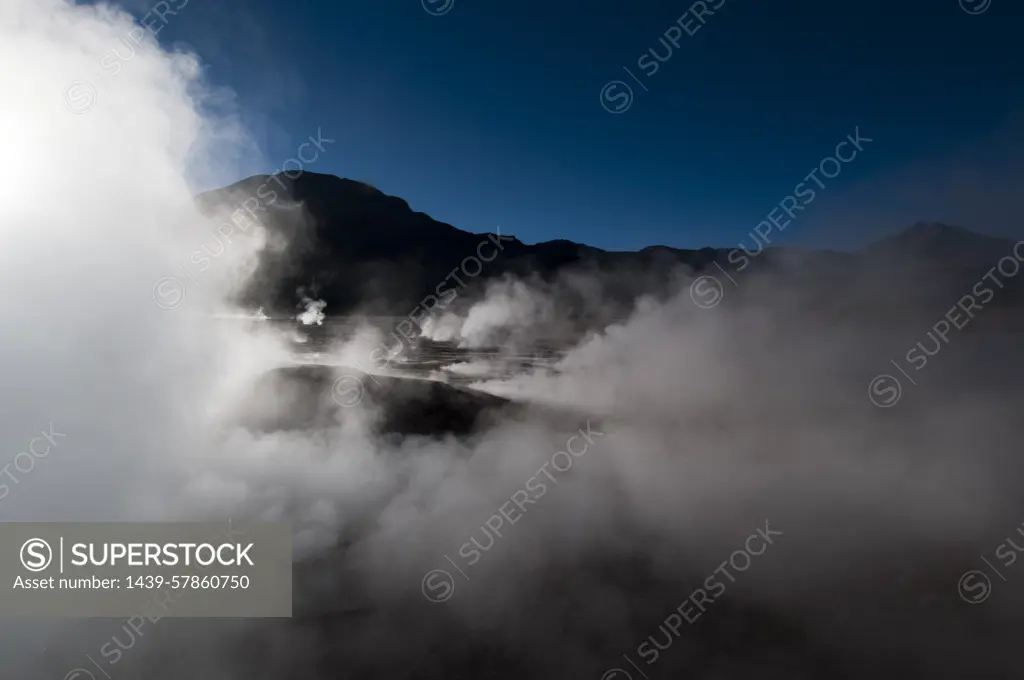 Steam rising from El Tatio geyser field, Atacama Desert, Chile